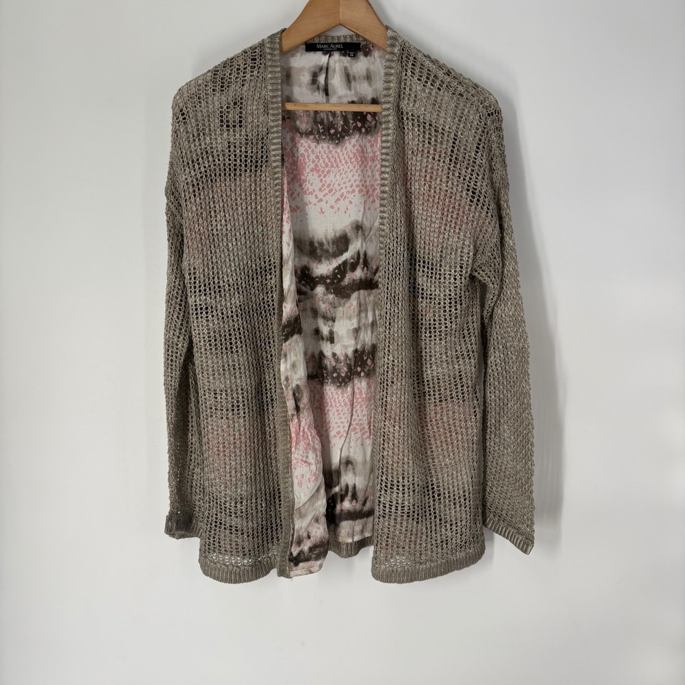 Marc Aurel Linen Cotton Open Knit Mesh Cardigan Taupe Pink Layered EU 36‎